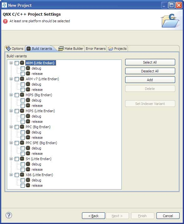 New QNX C Project: Build Variants tab