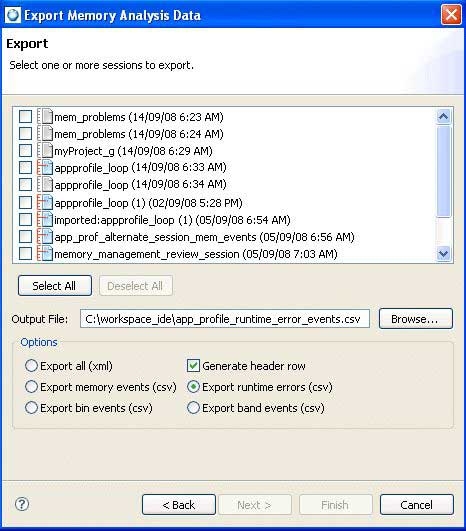 Exporting Memory Analysis Data wizard