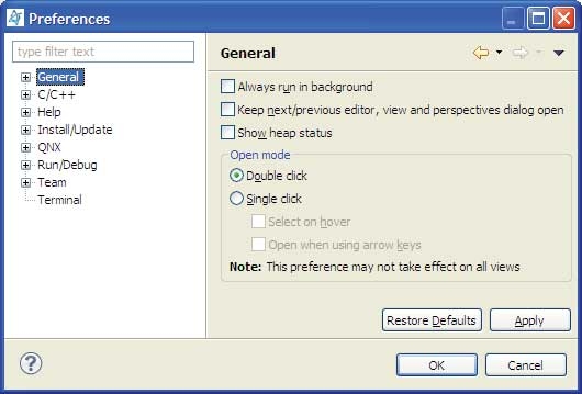 Preferences menu